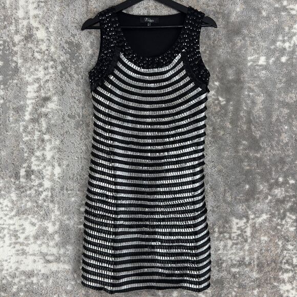 Heaven Sz 8 Beaded Sleeveless Stripes Sheath Knee Length Dress Black Silver Mesh - Picture 1 of 11